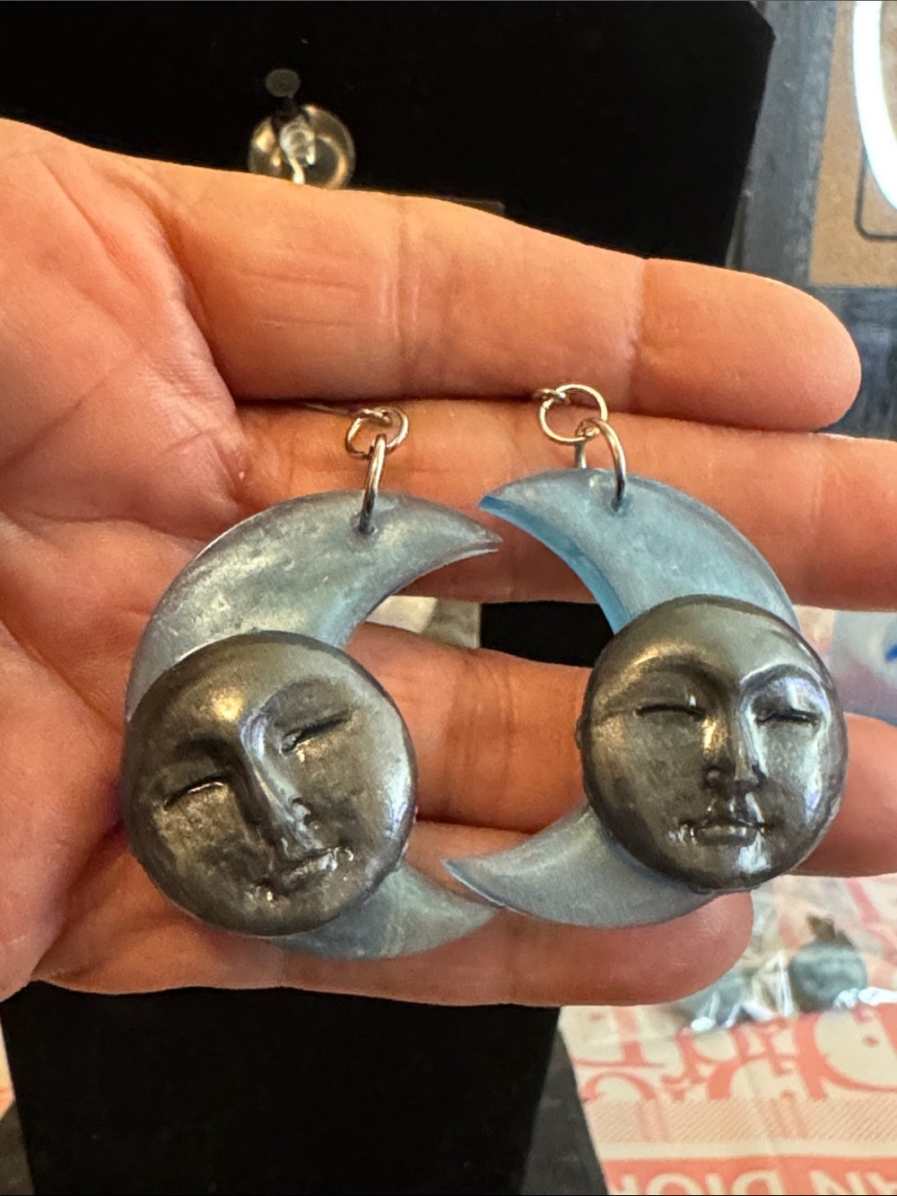 Moon Face / resent moon 🌙 Dangle Earrings in Metallic Blue-Grey
